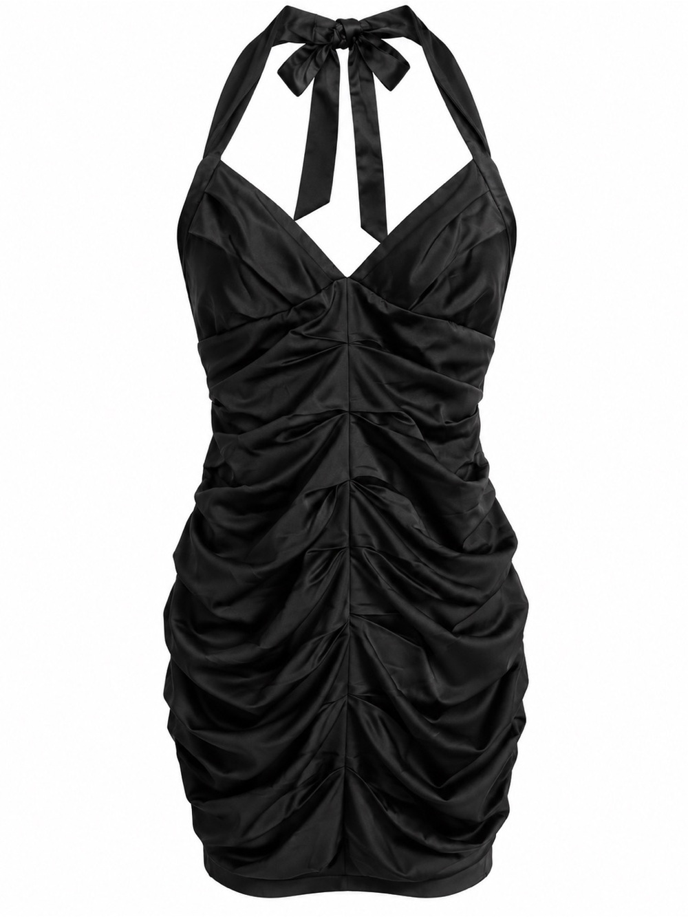 BCBGMAXAZRIA Black Satin Ruched Y2K Halter Cocktail Dress Size 8